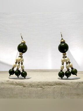 Green Jade Cabochon Quartz and Seed Pearl Earrings Sterling Silver